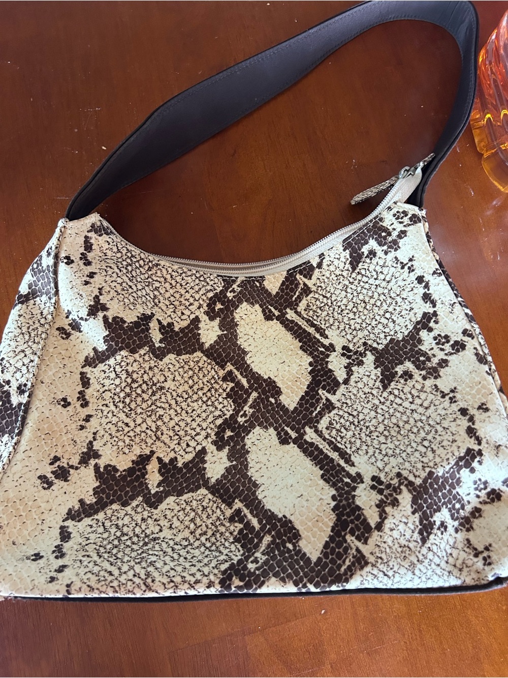 Liz Claiborne Snake-Print Shoulder Bag in Cream and Brown with Black Strap